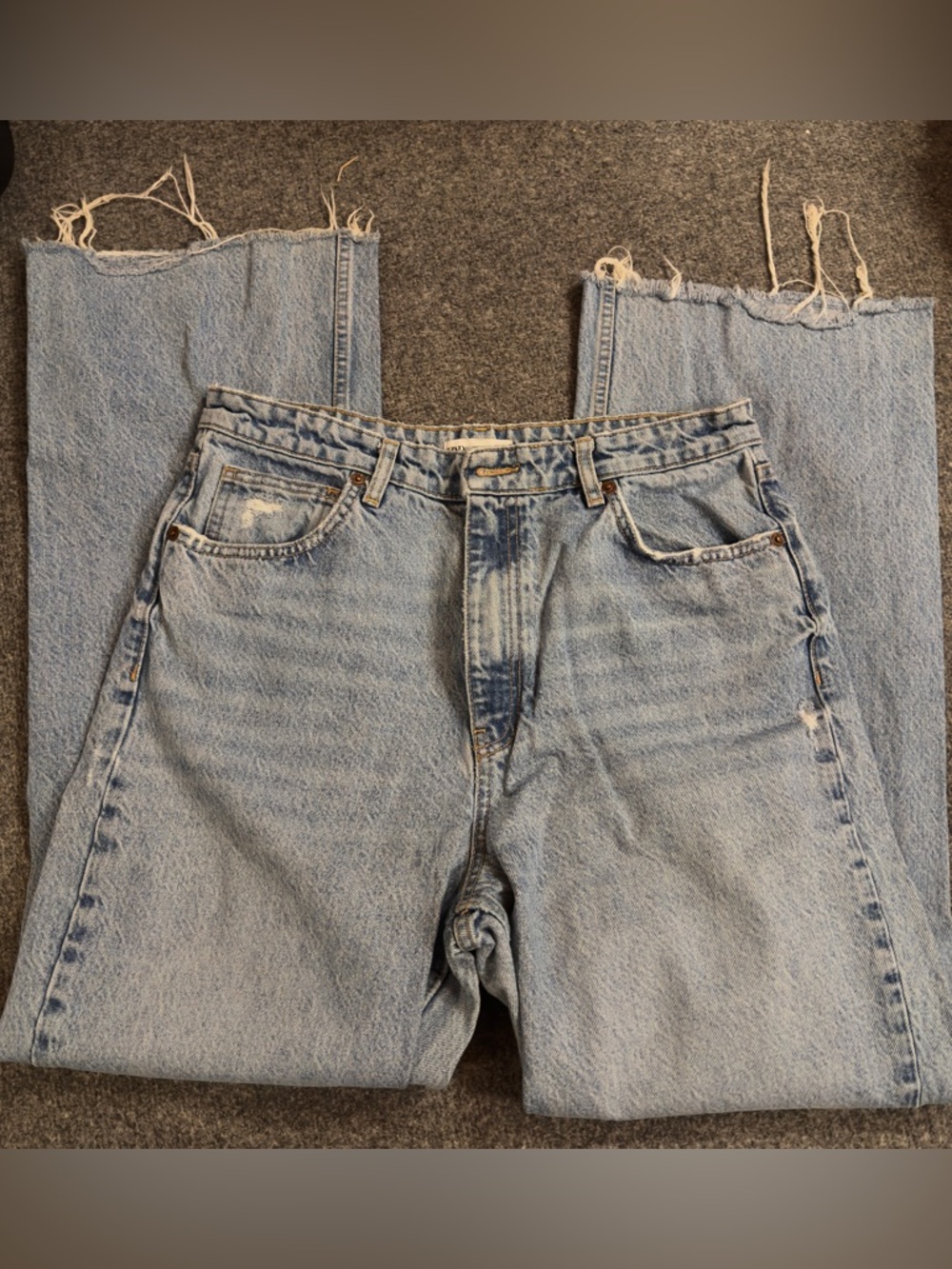 Zara Denim Wide Leg High Rise Jeans with Distressed Detail Size 12